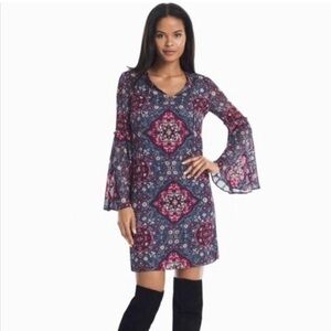 White House Black Market Mini Blue Printed Bell Sleeves  Silky Dress Boho S XXS